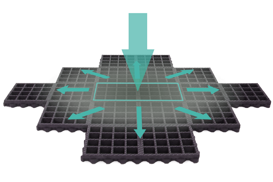 Cross-section through a TTE® plastic grid plate filled with paving and lawn
