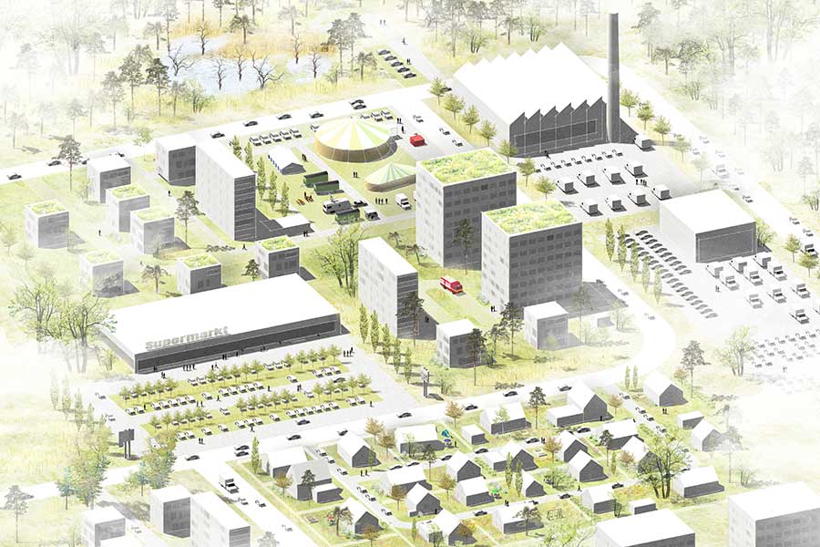 Rendering of the various areas of application of TTE® - from the parking lot to the fire service entrance to the residential street.